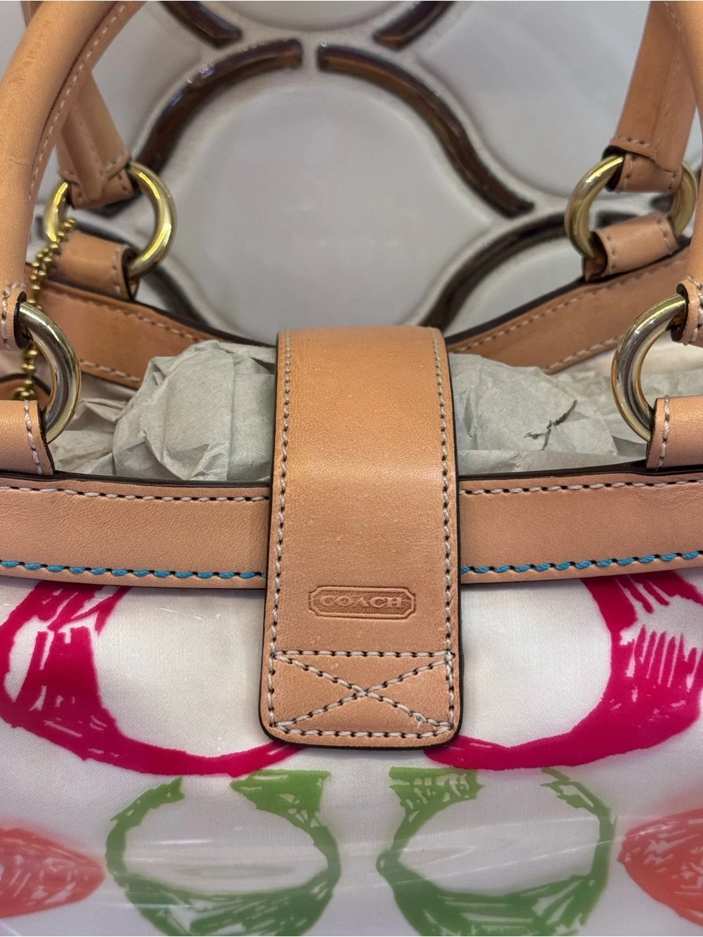 Coach Multicolor Logo Print Boxy  Tote w/ Tan Leather - Vintage -Limited Edition